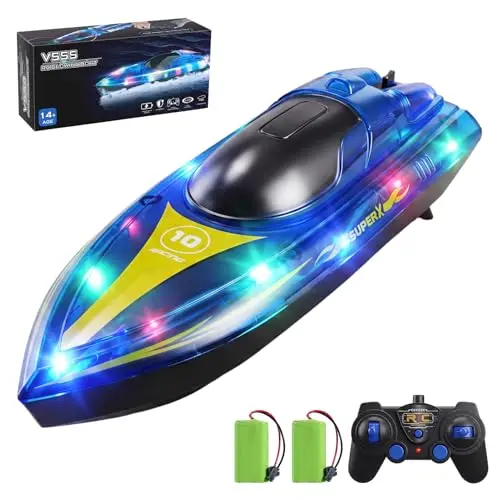 Barco Teledirigido, 2.4GHz Lancha Teledirigida con Luces LED, 2 Baterías, 90+ Mins, Alerta de batería baja, 15KM/H Barco RC para Piscinas Lagos, Juguete acuático para Adultos, niños de 14 años arriba