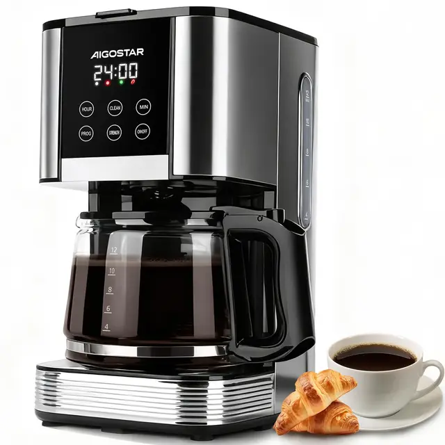Aigostar Cafetera de Goteo Filtro Programable 24h 1,5L 12 Tazas Acero Inoxidable 1000W Pantalla LCD Ajuste de Intensidad Antigoteo Limpieza Automática Mantenimiento de Calor Negro-Cora