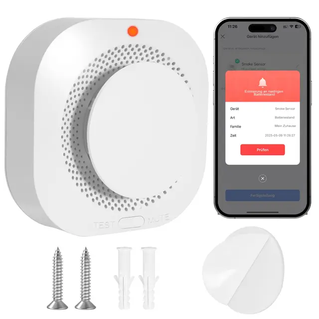 Wi-Fi Detector de Humo con Batería de 10 Años, Detector de Humos con App, Smoke Detector con Montaje magnético y Tornillos, 1 Pieza