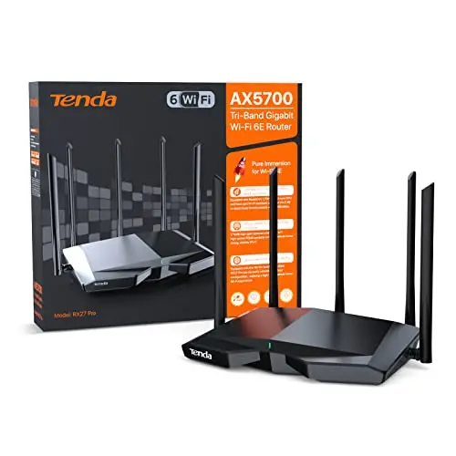 Tenda Router WiFi 6E de Tri-Band AX5700 Gigabit (6GHz, 5GHz: 2402 Mbps, 2.4GHz: 861 Mbps) 5 Antennas 6dBi, CPU 1.7 GHz, VPN Router Wi-Fi+ Mesh para AR/VR/Steam 4K/8K - RX27 Pro