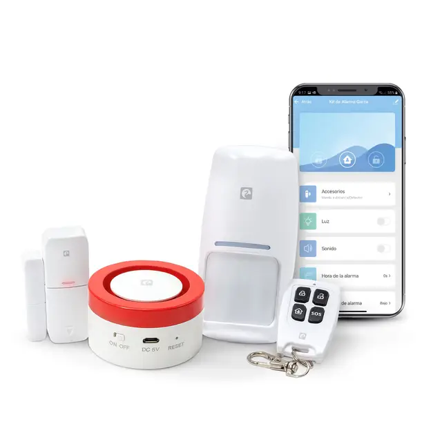 Garza Smart - Kit Sistema de Alarma Inteligente Wifi para el hogar, Sirena 120 dB, Sensor Movimiento y Apertura de Puertas/Ventanas, Alarma sin cuotas, Wifi 2,4 GHz, Control remoto a través de app