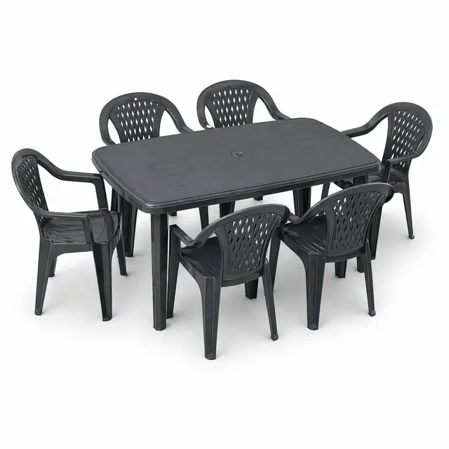 Tomaino - Juego de mesa y sillas de exterior de plástico de 6 plazas – 6 sillas con reposabrazos apilables y 1 mesa rectangular de jardín, terraza (antracita)