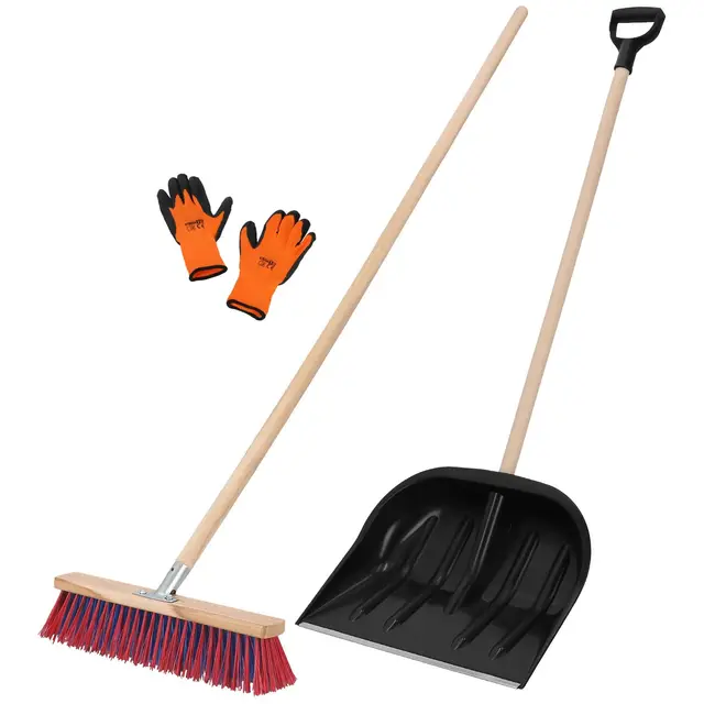 KOTARBAU® Juego de pala de nieve con mango de madera de 137 cm, escoba de carretera de 43 cm + guantes quitanieves para nieve, escoba de jardín con mango exterior, pala de nieve para coche, mango de