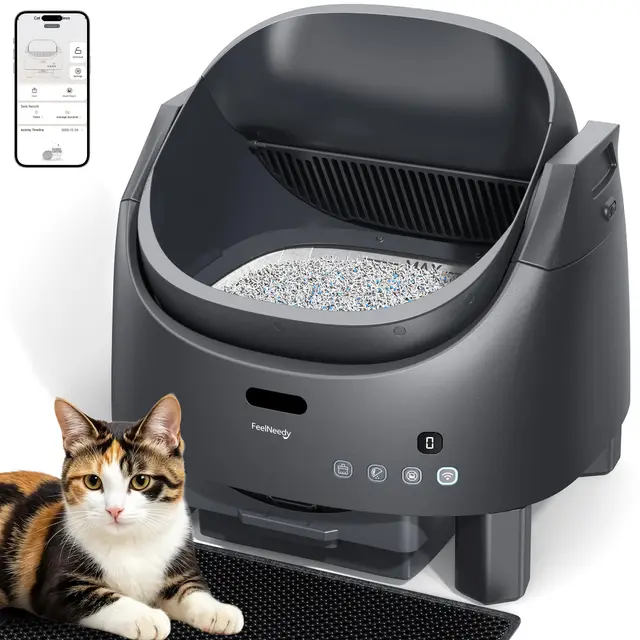 FEELNEEDY Arenero Gatos Autolimpiable, Arenero Automático con Sistema de Neutralización de Olores, Tapa Abierta para Gatos 1-15kg, Control App & Seguridad Multi-Sensores, Altura de Entrada Regulable