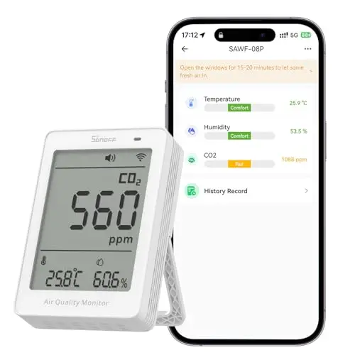 SONOFF AirGuard CO2, Monitor Inteligente de Calidad del Aire, Compatible Matter, WiFi 2.4GHz, Detector de CO2/Temp/Humedad, Display y Alarma en Tiempo Real, para Dormitorio/Habitación Infantil