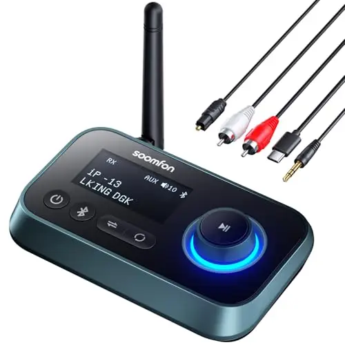 SOOMFON Transmisor Receptor Bluetooth 5.3, 3 en 1 Adaptador Audio con Pantalla LCD, Emisor Receptor Bluetooth para TV, Auriculares, Altavoces, Emisor Adaptador con Aux 3.5mm, RCA, Cable Óptico