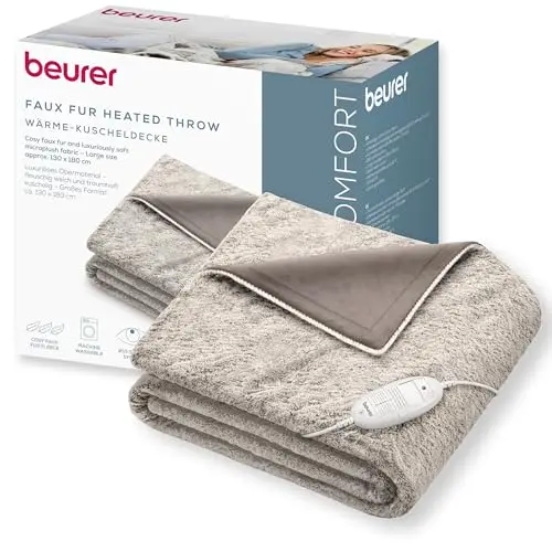 Beurer HD 75 Nordic manta eléctrica, manta térmica suave con aspecto de piel sintética, 6 niveles de temperatura, lavable a máquina (30 °C), desconexión automática. Color beige/marrón, 180×130 cm