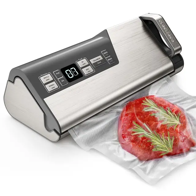Máquina de Envasado al Vacío Mesliese, 95kPa 140W Doble Sellado, Envasadora de Alimentos Potente, Operación con una Mano con Cuchilla Integrada y Almacenamiento de Rollos (Gris)