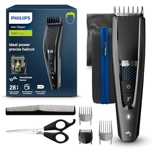 Philips Cortapelos con cuchillas de titanio, 3 Peines guía, 28 Ajustes de longitud, 90 min de uso sin cable, Incluye funda de viaje, Color Negro