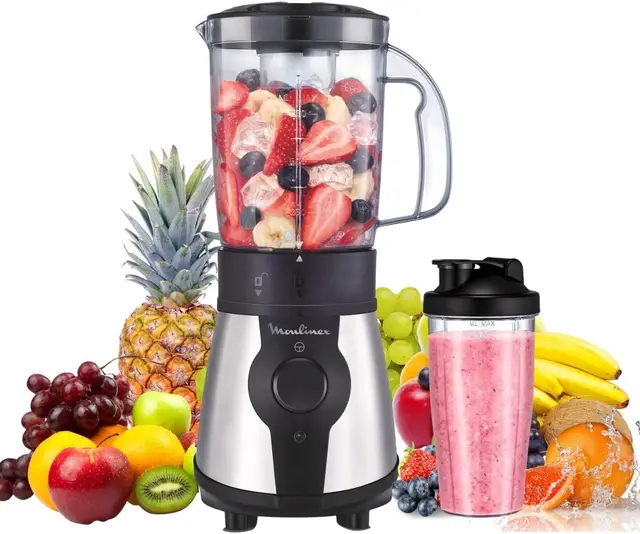 Moulinex Blend & Go, Batidora de vaso de 300 W, Jarra de 1,3 L, Compacta, 4 cuchillas extraíbles, Acabado acero inoxidable, Piezas aptas para lavavajillas, Botella de plástico de 750 ml, LM1B1D10