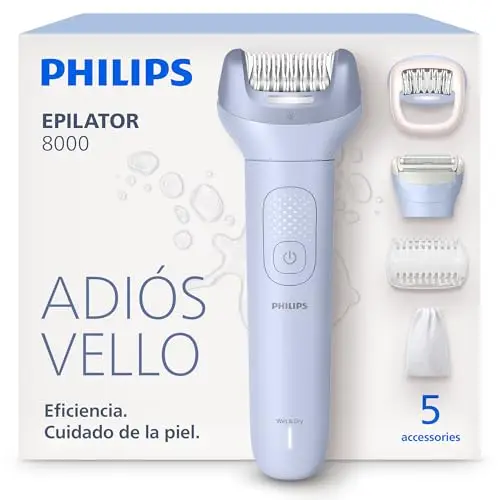Philips Depiladora Serie 8000 - Depiladora eléctrica inalámbrica, uso en seco y en mojado, para piernas y cuerpo, con tecnología ProGuide, 5 accesorios, 60 minutos de autonomía, modelo BRE709/00