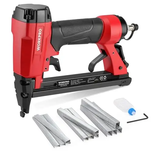 WORKPRO - Grapadora neumática con 1500 grapas, pistola de clavado neumática, utilizada en grapas tipo 80/6-16 mm, ideal para bricolaje, decoración, pared, tapiz, madera