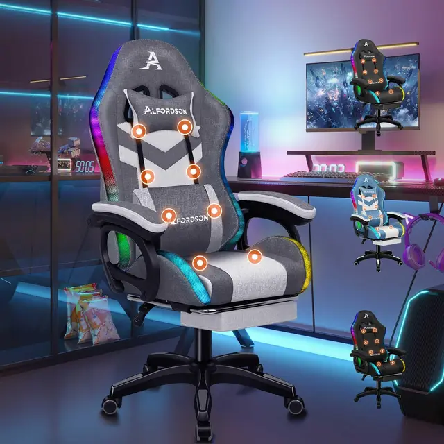 ALFORDSON Silla Gaming con Masaje y LED, Silla Gamer Ergonómica con Reposapiés Telescópico, Cojín Lumbar y Cervical, Iluminación para Juegos, Oficina, Ordenador, Videojuego, Lino(Gris con Splicing)