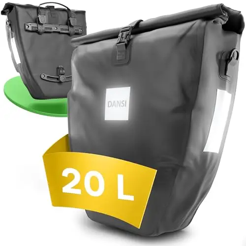 Dansi Bolsas de Bicicleta de 20 l para portaequipajes, con Correa para el Hombro y asa, Bolsa de Bicicleta 100% Impermeable con reflectores y Sistema de Clic, Negra (Lote de 1)