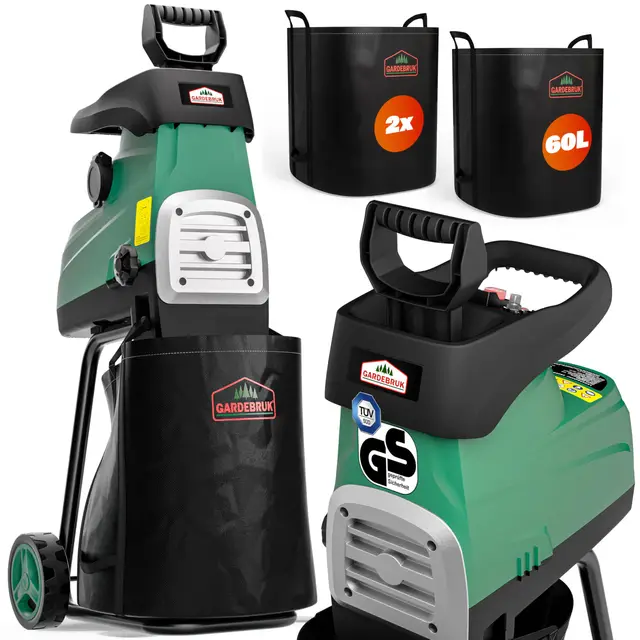 GARDEBRUK® Trituradora Silenciosa Eléctrica de Jardín 3100W máx. 2X Bolsas de Recolección 60L para Ramas máx.44mm