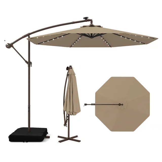 COSTWAY Sombrilla Terraza Exterior con Base, Parasol Excentrico 3x3 con 40 Luces LED, Sombrilla Jardin Inclinable con Manivela, Patio, Jardín, Terraza, Piscina, Playa (café)