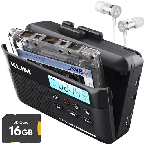 KLIM K7 Reproductor Cassette con Auriculares Fusion - Conversor de Cassette a MP3 - Player Portátil con Micrófono y Altavoz Integrados - Batería Recargable - Auriculares - Tarjeta SD 16 GB - Negro