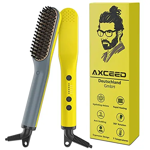 2 in 1 Peine Cepillo Alisador de Barba Electrico, PTC 30 Segundos de Calentamiento Rápido, 5 Temperatura Regulable(120-200 ° C), Tecnología de turmalina, Amarillo