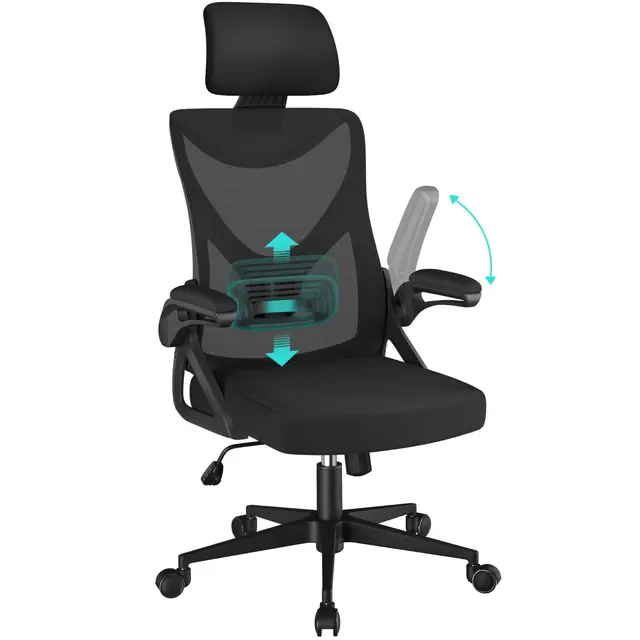 Yaheetech Silla de Oficina Ergonomica con Soporte Lumbar Silla Escritorio Reposabrazo Reposacabeza Ajustable Base Giratoria de 70 cm Transpirable Capacidad MAX 150KG Negro