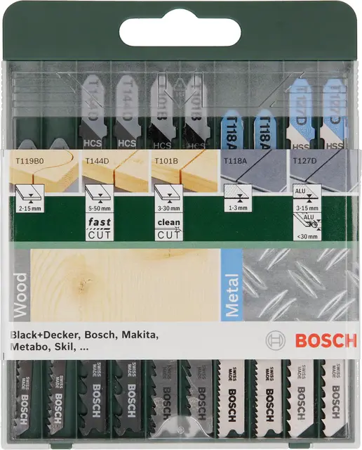 Bosch 2 609 256 746 - Juego de hojas de sierra de calar de 10 piezas vástago en T