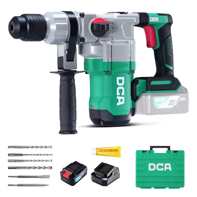 DCA Martillo Perforador sin Cable 20V, 4.5 J de Energía de Golpe y 3800 BPM, 4 Piezas 28mm SDS-Plus, Motor de Alto Rendimiento para Martillo Perforador sin escobillas, Batería 5.0Ah, Cargador Rápido 4