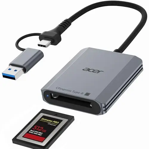 Acer Lector de Tarjetas CFexpress Tipo B de 10 Gbps, Adaptador de Tarjetas CFB con Conectores USB-C+A, USB 3.2 Gen 2 (hasta 1250 MB/s) para Portátiles, PC, Tabletas, iPhone 15-17, Galaxy S26, etc