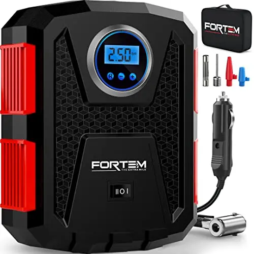 FORTEM Inflador de Ruedas de Coche, Compresor de Aire - Manómetro Digital, Autobombeo, Parada Automática - Bolsa de Transporte