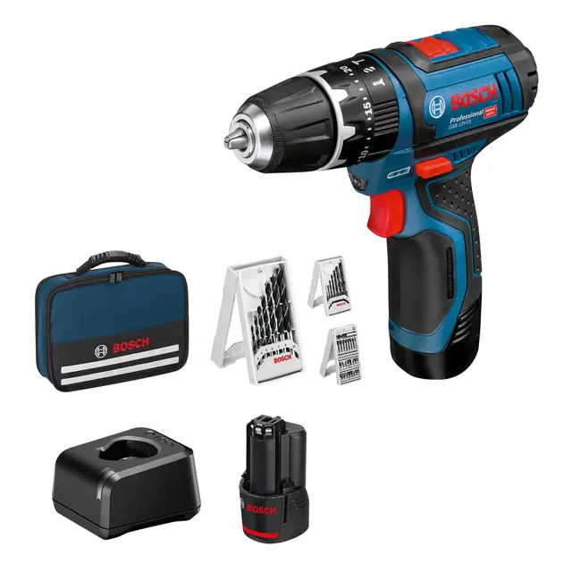 Bosch Professional 12V System taladro percusión batería GSB 12V-15 (Ø broca madera máx.: 19 mm, incl. 2 baterías 2.0Ah+cargador, 2 sets brocas, 1 set puntas, bolsa herramientas) - Set exclusivo Amazon