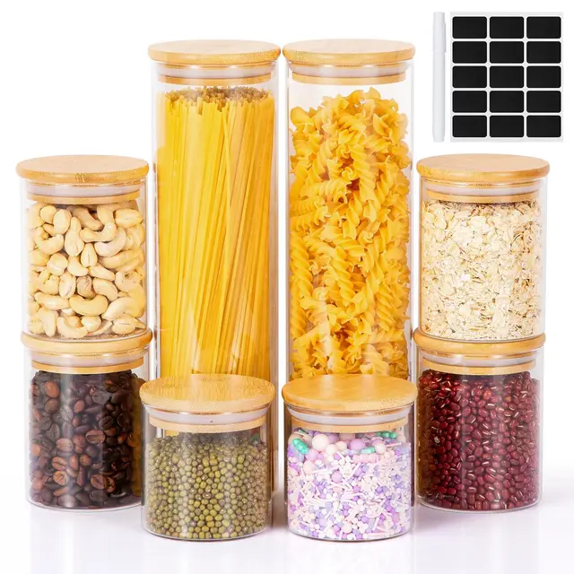 Cinnani Juego de 8 Tarros de Cristal con Tapa Bambú,Tarros de Almacenaje de Cocina de Cristal con Tapa de Bambu,Frascos de Vidrio Herméticos con Tapas para pasta,cereales,galletas,harina