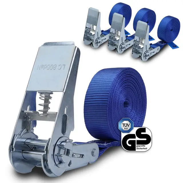 Cinchas de Amarre Correa para trinquete 4 m o 6 m Paquete de 4 Tensor de carraca cinchas Azul, 25 mm de Ancho - Resistente a 800 kg DIN EN 12195-2, 4 Piezas 2.5 cm x 4 m