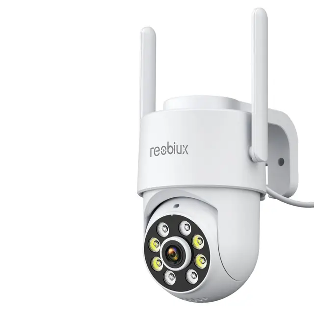Reobiux Camara Vigilancia WiFi Exterior,2K Impermeable WiFi 2,4 GHz,PTZ 360°,Detección de Movimiento,Visión Nocturna,Audio Bidireccional,Seguridad para Hogar,Garaje y Jardín,3m Cable