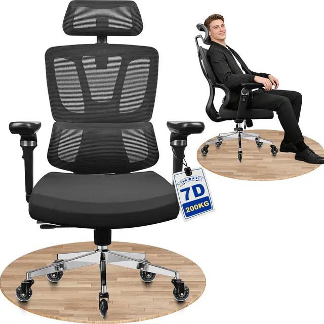 MELOKEA Silla de Oficina Ergonómica, Reposabrazos 7D, Profundidad de Asiento Ajustable, Reposacabezas 3D, Ruedas de Goma, Inclinación de 4 Niveles, Personas Altas, Trabajo y Gaming, Silla Escritorio