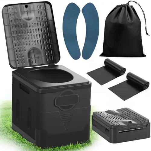 WC Portátil Plegable, 25L de Capacidad, Soporta hasta 150KG – Inodoro Portátil con 24 Bolsas Desechables, Bolsa de Transporte y Cojín, para Camping, Autocaravana, Senderismo