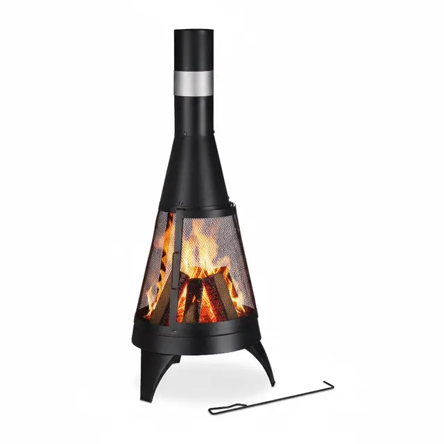 Relaxdays Chimenea Exterior con Salvachispas, Rejilla y Atizador, Jardín y Terraza, 120 x 47 cm, Estufa Patio, Negro