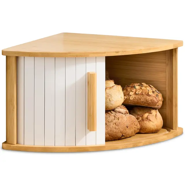 Praknu Panera de Esquina de Madera con Puerta Deslizante – Ahorra Espacio – Conserva el Pan Fresco por Más Tiempo – Montaje Sencillo con Guía (Blanco)
