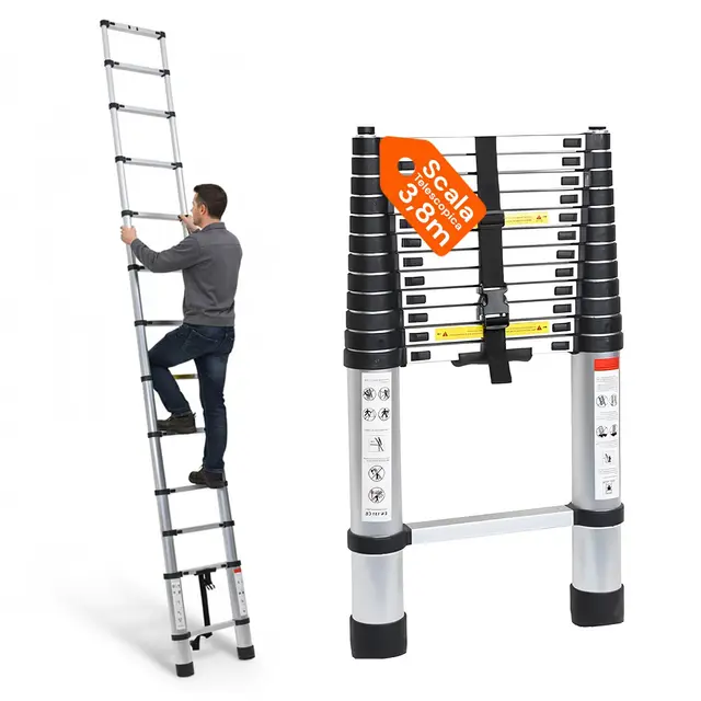 Avilia - Escalera telescópica de Acero Inoxidable 3,8 m 13 peldaños Escalera Plegable para casa y Trabajo Escalera Extensible Ahorra Espacio con Bloqueo de Seguridad