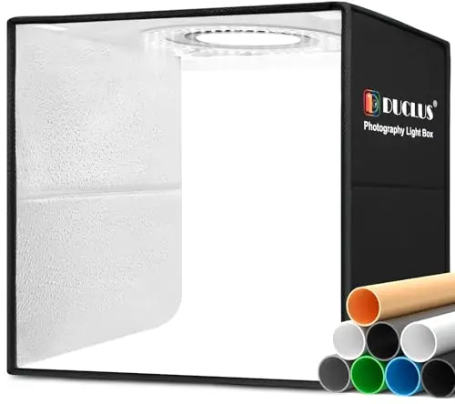 DUCLUS Caja de Luz de 40 x 40 cm, Fotografia actualizado de 18 W, Kit de Caja de Luz Fotografía con Regulación de Intensidad, 160 Leds de 5500K y Conector Tipo C, 8 Fondos Fotográficos de Productos