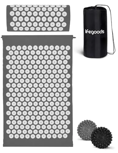 LifeGood Esterilla Acupresion - Eco - Con Cojín, Bolas de Masaje y Bolsa - Almohada - Colchoneta de Acupuntura Relajación y Alivio del Dolor - Flor de Loto - Gris & Bianco
