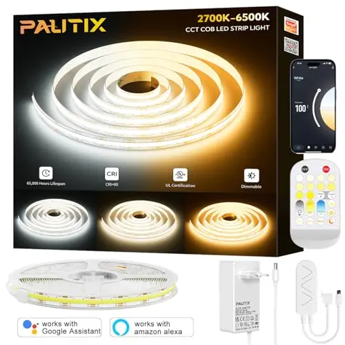 PAUTIX Smart WIFI Tira LED COB CCT 5M,Regulable CCT 2700K-6500K Tira LED COB, Inteligentes Funciona con Alexa y Google Asistente para Gabinete de Cocina,Habitación,TV