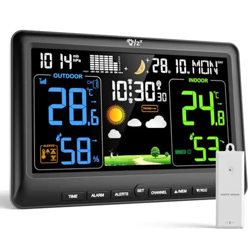 LIORQUE Estacion Meteorologica Interior Exterior, Pantalla Grande a Color, Monitor de Temperatura y Humedad, Presión Atmosférica, Fases Lunares, Reloj Digital con Alarma y Snooze