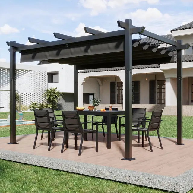 Devoko Pergola 3x4, Pergolas de Jardin, con Fijaciones Magnéticas y Zona de Sombra Ajustable, Pergolas de Aluminio, Adecuada para Escenarios como Jardines y Patios,Negro