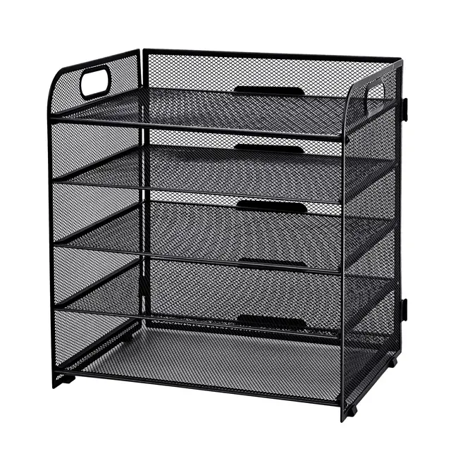 Archivos de Escritorio, 5 Niveles Bandeja Organizadora, Estantes de Malla para Archivos con Asa, Organizador de Archivos para Carpetas de Archivo A4, Negro