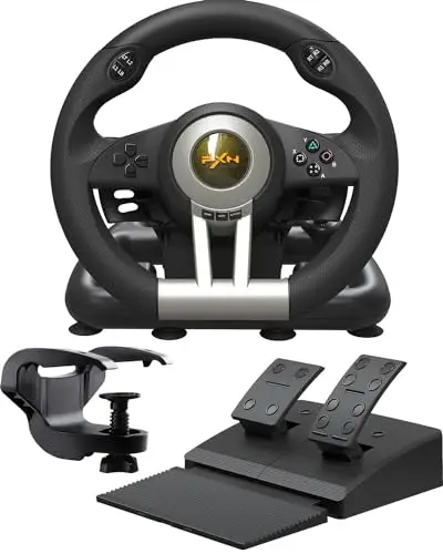 PXN V3 Pro Volante de Juego con Pedales - 180°, Retroalimentación de Vibración, Palanca de Cambios Integrada, Paletas de Cambio - Volante para PC, PS4, PS3, Xbox y N Switch - Negro