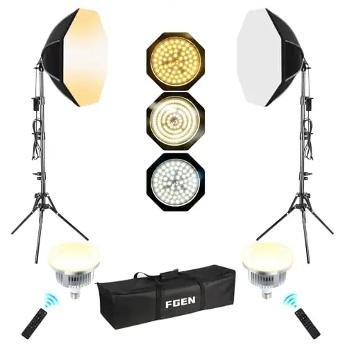 LED Softbox Octagonal 3000-6500K,Caja de luz con 3 Modos de Color Ajustar with Mando a Distancia, 2X50cm Luces para fotografia con Soporte Plegable de 1.5m, Fotografía de Estudio y Entrevistas