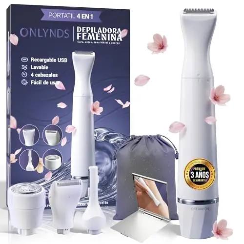 SUPER Afeitadora Eléctrica Mujer 4 en 1 Facial y Corporal | Depiladora Íntima Mujer IPX5 Uso Seco y Mojado | Rasuradora Mujer Zona Íntima BIKINI | 4 CABEZALES | Espejo y Bolsa Impermeable INCLUIDOS.