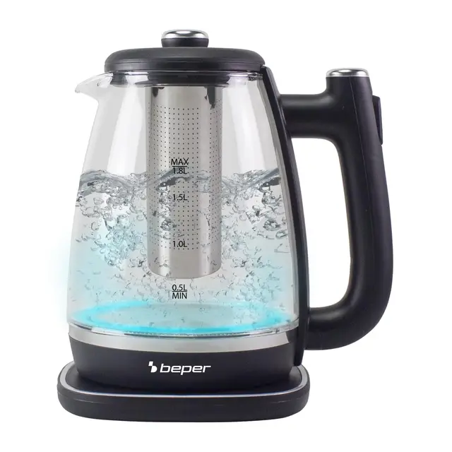 BEPER P101BOL200 Hervidor de vidrio de 1.8L, tetera eléctrica con filtro, base giratoria de 360°, apagado automático y protección contra sobrecalentamiento - 2200W