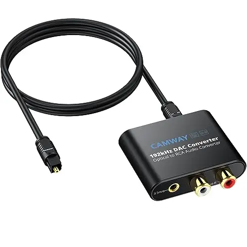 CAMWAY 192KHz Convertidor de Audio Digital a Analógico, Adaptador SPDIF Óptico a RAC+3.5mm,L/R DAC con Cable Óptico de 1M,Compatible con TV/DVD/Blu-ray/Xbox/PS3/PS4