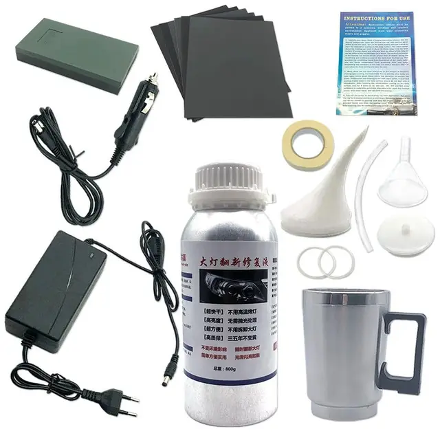 Kit Restauración Faros Coche Polímero Líquido 800ml con Lijas Cinta Vaporizador y Accesorios Completo