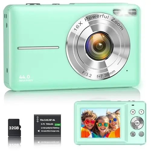 Cámara Digital 1080P 44MP Cámara de Vlogging para Niños Adolescentes, FHD Compacta Portátil con Pantalla de 2,4" Zoom 16X, Mini Cámara Anti-vibración para Principiantes Estudiantes-Verde