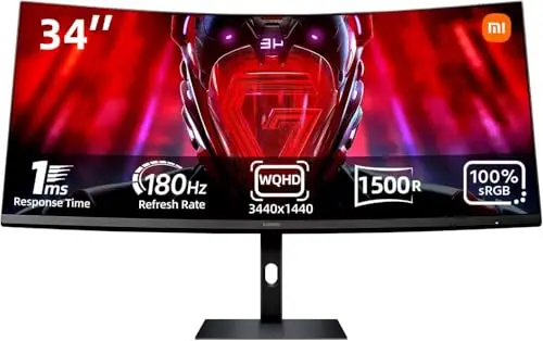 XIAOMI Curved Gaming Monitor G34WQi - Monitor Gaming de 34" WQHD (3440 x 1440, 180Hz, 1ms, HDMI 2.0x2, Puerto DP1.4x2, Protección Luz Azul), Negro (Versión ES)